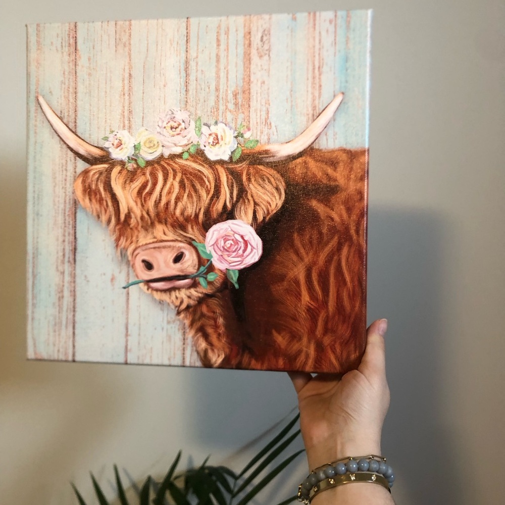 Highland Cow Canvas with Floral Accents
